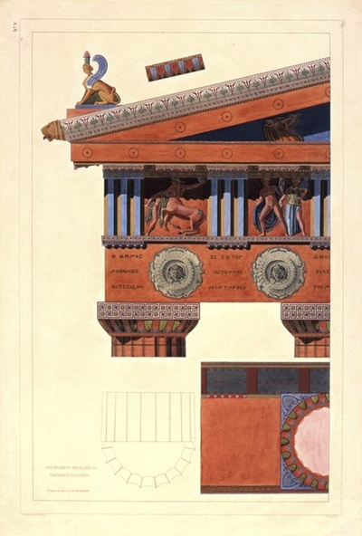 Gottfried Semper-Reconstitution de la polychromie du Parthénon à Athènes, Die Anwendung der Farben in der Architektur und Plastik. In einer Sammlung von Beispielen aus den Zeiten des Alterthums und des Mittelalter