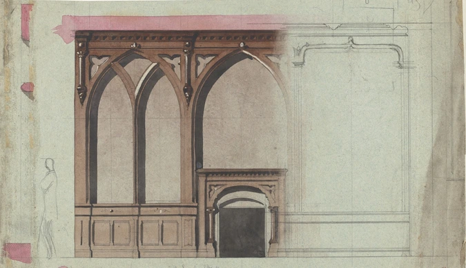 Projet de boiseries d'inspiration néo-gothique et de cheminée, montants en arc brisé, écoinçons évidés et trilobés, colonnettes en partie haute - Antoine Zoegger