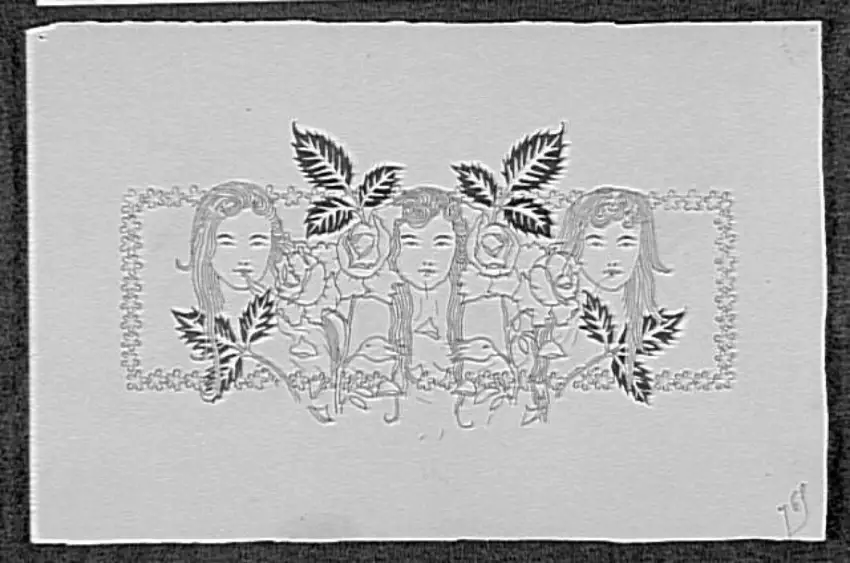 En-tête ou cul-de-lampe de forme rectangulaire, décoré de trois têtes de jeunes filles, de roses, de feuillages, entouré d'une frise de fleurs - Pierre Brun