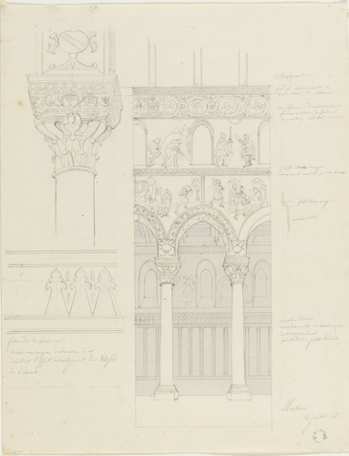 Monreale, église, une travée de la nef, détail d'un chapiteau et de la frise sous les fenêtres du bas-côté - Alphonse Gosset