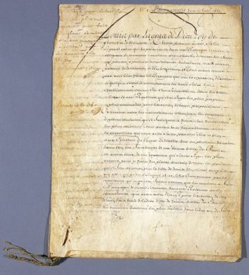 Lettres patentes créant la Manufacture royale de glaces et de miroirs, signature autographe de Louis XIV, contre-signature de Guénegaud, du chancelier d'Aligre et de Colbert