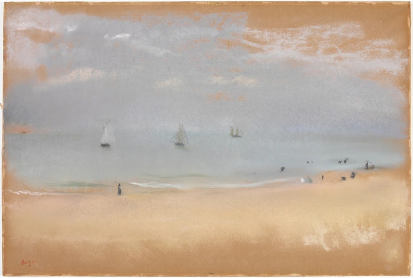 Au bord de la mer, sur une plage, trois voiliers au loin - Edgar Degas