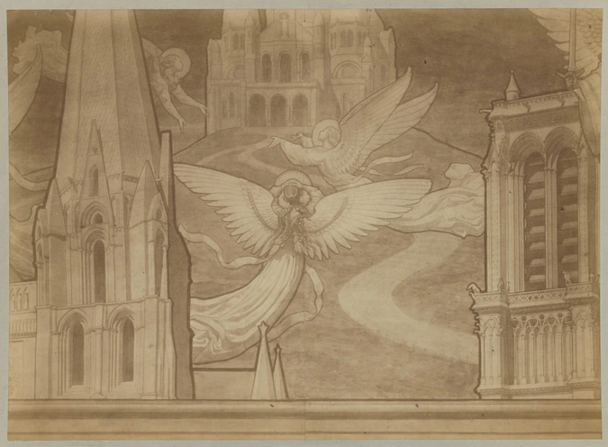 Photographie d'un détail du carton pour la mosaïque Le Voeu de Louis XIII, anges volant parmi Notre-Dame-de-Chartres à gauche, le Sacré-Coeur au milieu et Notre-Dame-de-Paris à droite - D. Freuler
