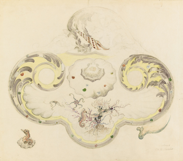 Emile Gallé-Modèle d'écritoire en faïence à décor de faune et de flore aquatiques : coquillages, hippocampes, ophiures, escargots, anémones et algues