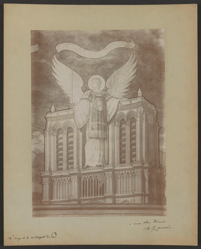 Photographie d'un détail du carton pour la mosaïque Le Voeu de Louis XIII, l'ange de la métropole de Paris appuyé à la façade de la cathédrale Notre-Dame - D. Freuler