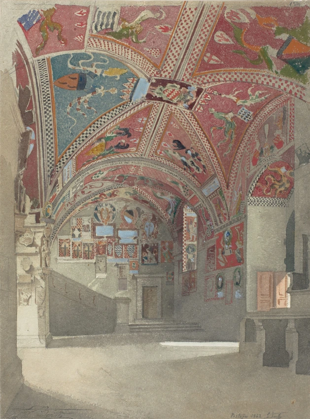 Italie du Nord, Pistoia, Palais communal, intérieur d'une salle décorée à fresque d'armoiries, et géométries diverses - Louis Boitte