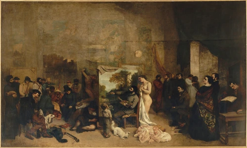 tableau, Gustave Courbet, L'Atelier du peintre, allégorie réelle déterminant une phase de sept années de ma vie artistique (détail), entre 1854 et 1855