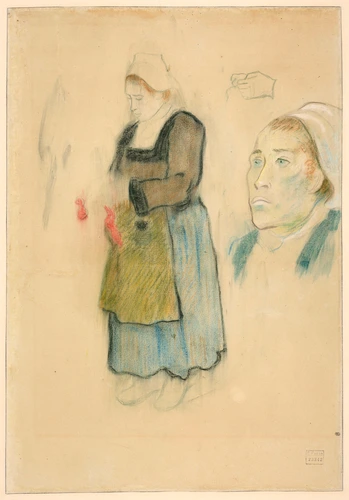 Paysanne bretonne debout et étude du visage et des mains tricotant - Paul Gauguin