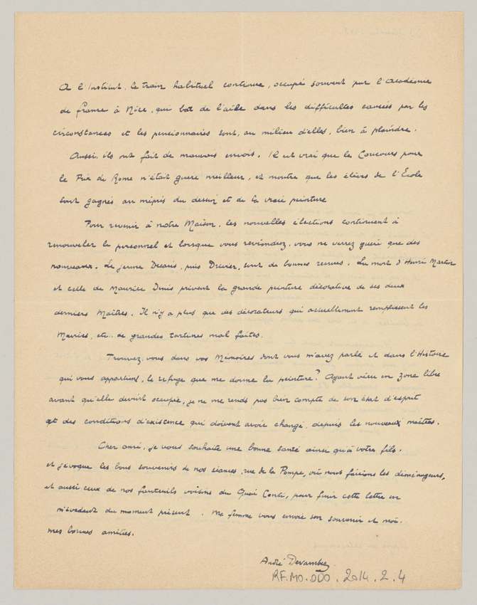 Lettre d'André Devambez à Paul Léon du 23 décembre 1943 - André Devambez