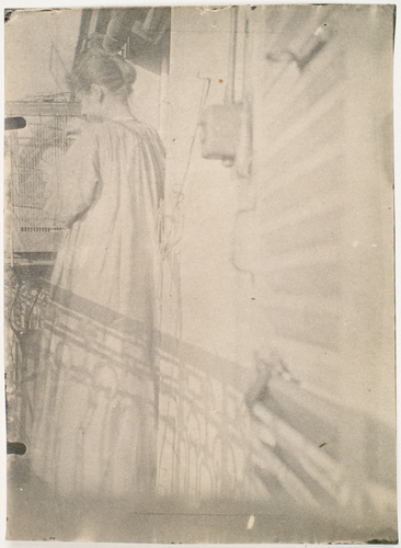 Madame Rivière de dos sur un balcon, devant une cage à oiseaux - Henri Rivière