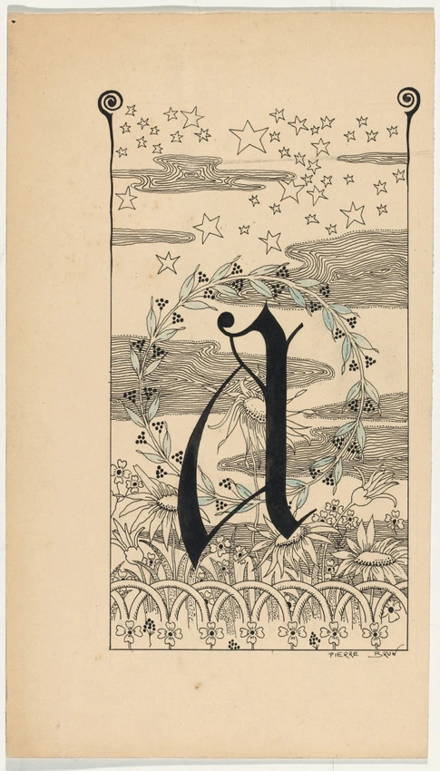 Lettre ornée A sur fond d'étoiles, de nuages stylisés, de fleurs - Pierre Brun