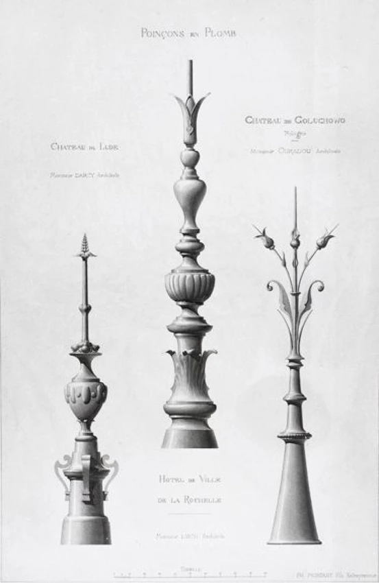 Trois modèles de poinçons en plomb pour le château du Lude, l'Hôtel de Ville de la Rochelle et le château de Goluchowo - Maison Monduit