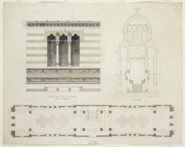 Projet pour l'Exposition universelle de 1900, pavillon roumain, fenêtres du premier étage, plan et coupe du pavillon - Jean-Camille Formigé