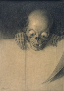 Julien-Adolphe Duvocelle-Crâne aux yeux exorbités et mains agrippées à un mur (détail)