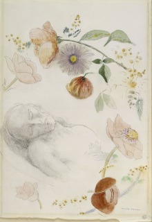 Odilon Redon-Buste d'homme aux yeux clos, entouré de fleurs