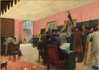 Une séance du jury de peinture au Salon des Artistes français (1883 ?)